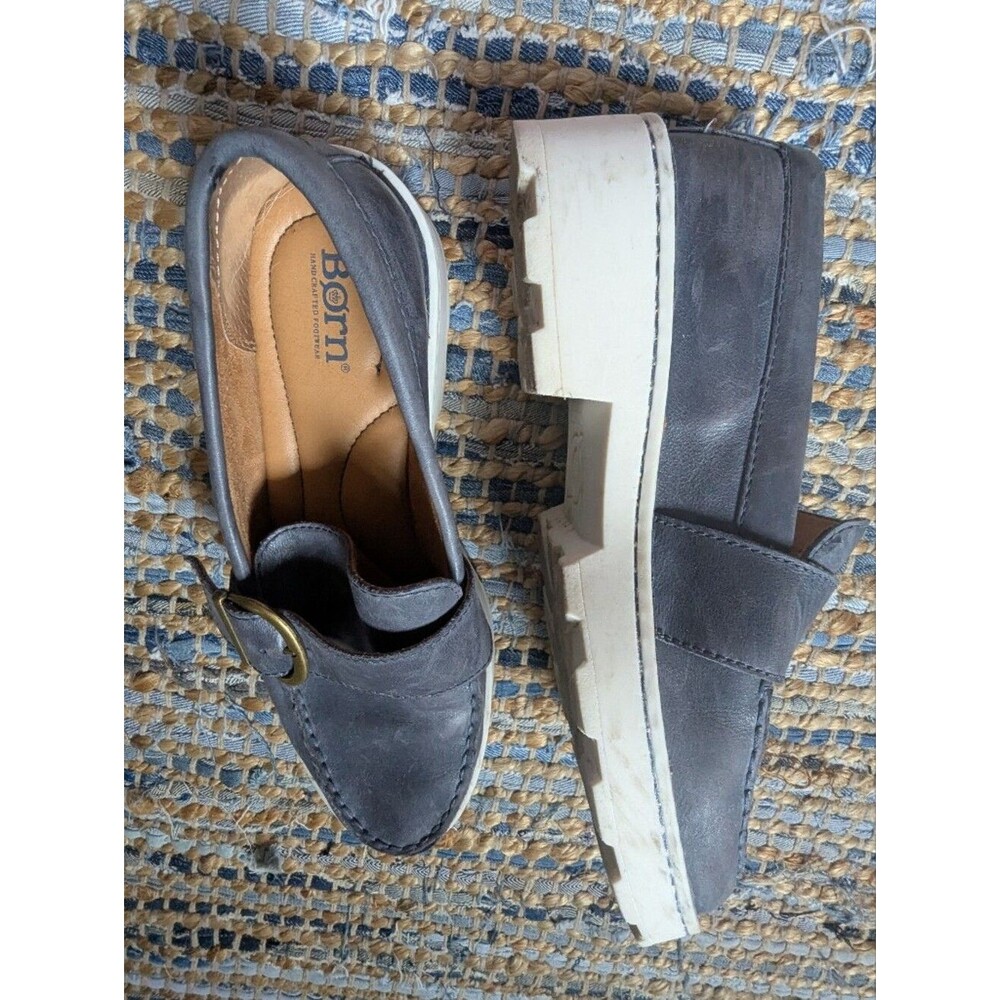 Born Contesta Slate Blue Leather Lug Sole Loafers 9 Chunky Buckle Comfort Shoes - Picture 5 of 12